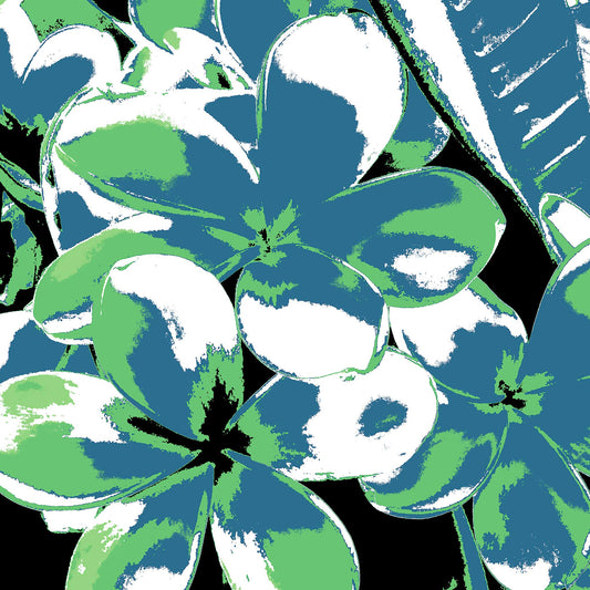 Xtra POP Set - Frangipani Cluster - 185892v35 - Close Detail View, A digitally altered frangipani cluster with slate blue and green petals against a black background, stylised in bold Pop Art contrast.