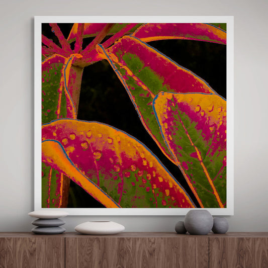 Xtra POP Set - Frangipani Leaves - 184836v11a - Room View, Colourful tropical leaves in orange, magenta, and green tones with water droplets, outlined in blue, on a dark background in a vivid Pop Art style.