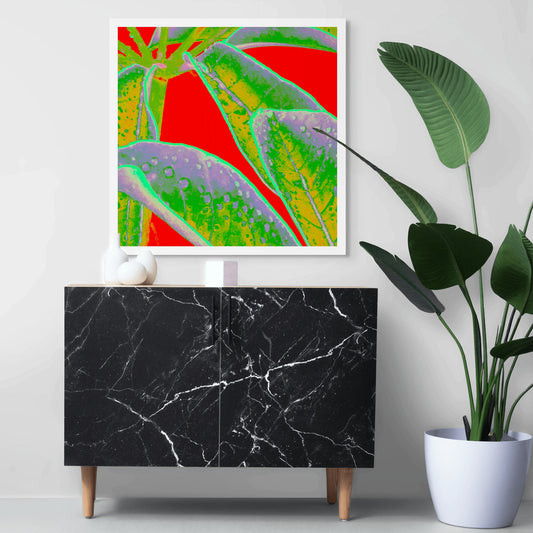 Xtra POP Set - Frangipani Leaves - 184836v13a - Room View, Stylised frangipani leaves in vivid green and violet tones with water droplets, set against a bright red Pop Art background.