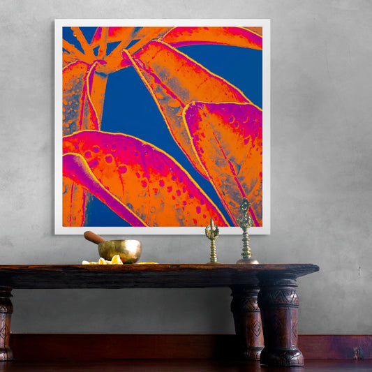 Xtra POP Set - Frangipani Leaves - 184836v9a - Room View, Vibrant orange and magenta tropical leaves with raindrops, set against a deep blue background in a bold Pop Art treatment.