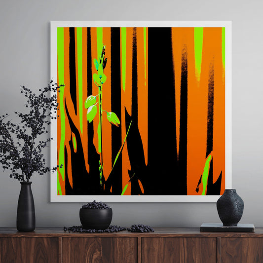 Xtra POP Set - Garden Flower - 188657E5v13 - Room View, Lime green flower set against an intense orange and black striped background in bold Pop Art styling.