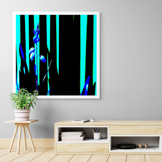 Xtra POP Set - Garden Flower - 188657E5v15 - Room View, Electric blue flower silhouette against vertical turquoise and black striped background in stylised Pop Art form.