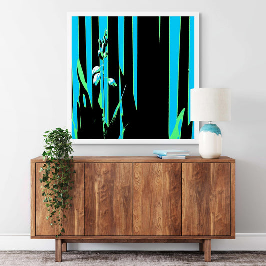 Xtra POP Set - Garden Flower - 188657E5v42 - Room View, Pale botanical silhouette in front of turquoise, green, and black vertical bands with bold Pop Art contrast.