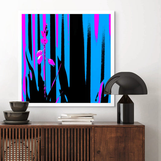 Xtra POP Set - Garden Flower - 188657E5v9 - Room View, Bright magenta garden flower set against bold vertical stripes of cyan, black, and pink in a stylised Pop Art composition.