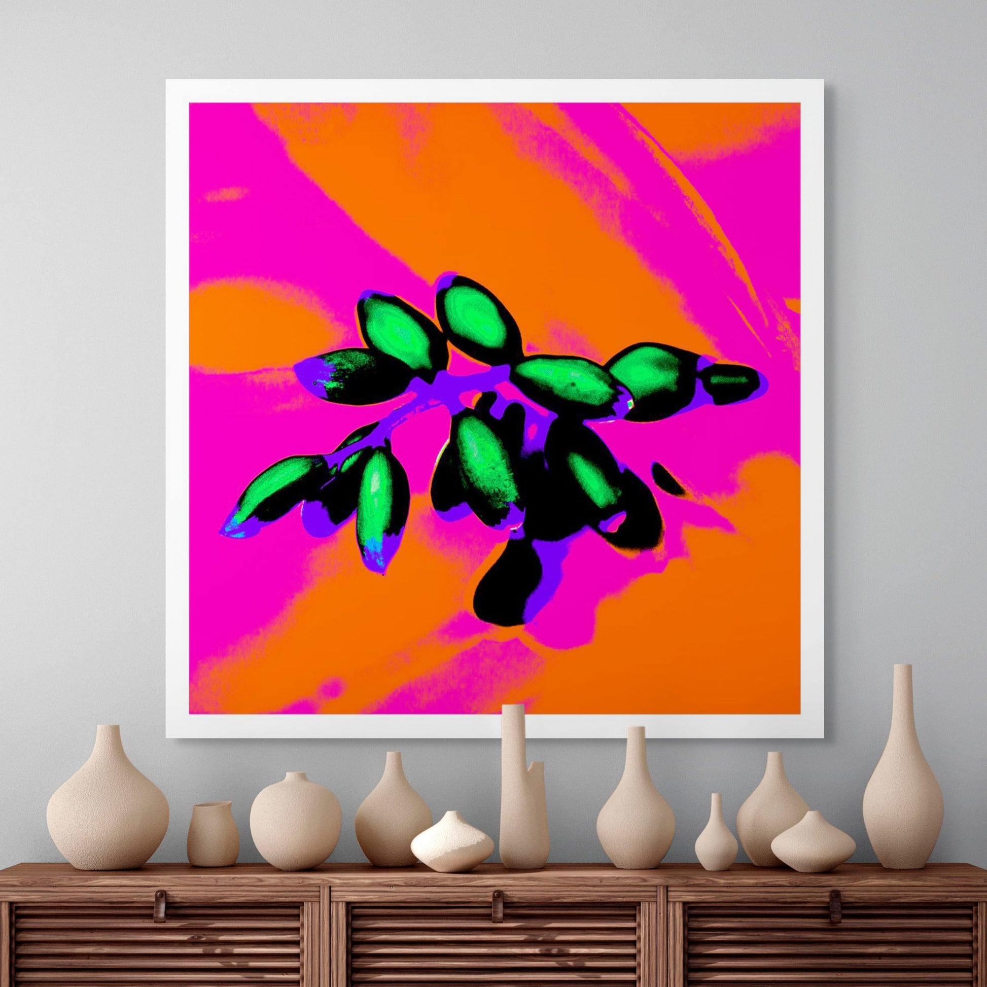 Xtra POP Set - Ginger Flower Buds - 181855v3 - Room View, Vivid green buds contrast against a neon orange and magenta background with bold purple and blue accents in a Pop Art style.