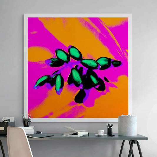 Xtra POP Set - Ginger Flower Buds - 181855v4 - Room View, Intense green buds set against a glowing orange and magenta background with black shadows and vivid blue-violet accents.