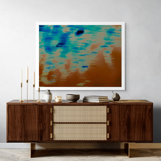 Xtra POP Set - Global Roaming - Oceanic Markings - Coral Sea - 140059v11 - Room View, Abstract coastal artwork with teal, rust, and indigo brushstroke textures evoking water reflections. Limited edition fine art print.