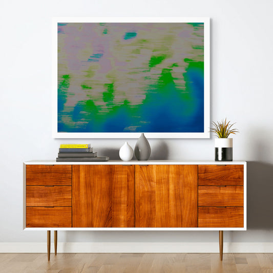 Xtra POP Set - Global Roaming - Oceanic Markings - Coral Sea - 140059v33 - Room View, Abstract coastal artwork with green, lavender, and deep blue hues evoking water movement. Limited edition fine art print.