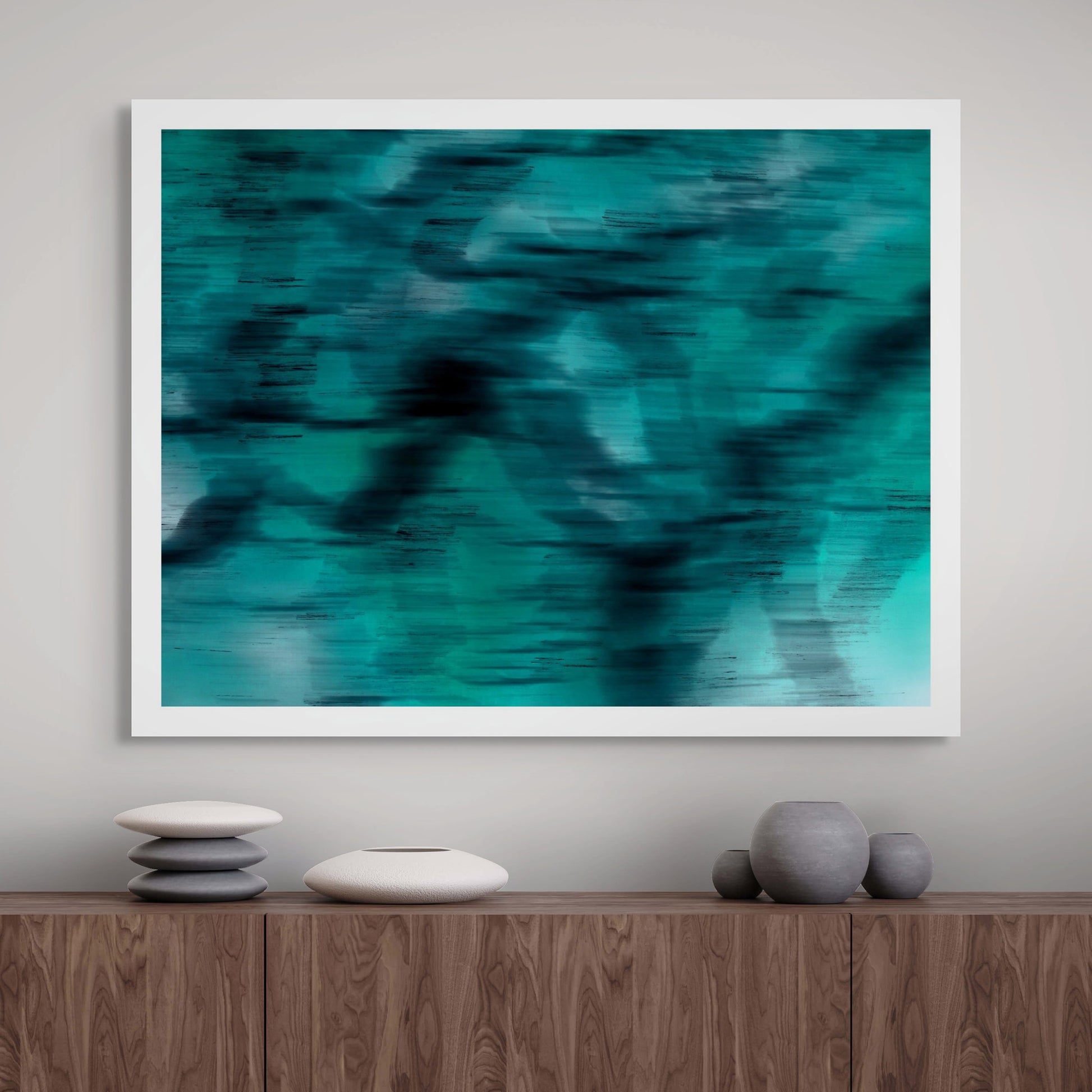 Xtra POP Set - Global Roaming - Oceanic Markings - Coral Sea - 140066v17 - Room View, Abstract seascape-inspired print in teal and dark tones, evoking fluid underwater movement. Limited edition.