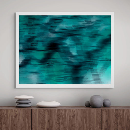 Xtra POP Set - Global Roaming - Oceanic Markings - Coral Sea - 140066v17 - Room View, Abstract seascape-inspired print in teal and dark tones, evoking fluid underwater movement. Limited edition.