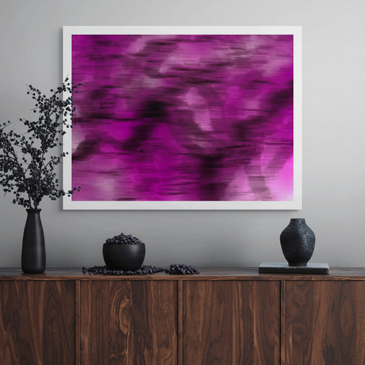 Xtra POP Set - Global Roaming - Oceanic Markings - Coral Sea - 140066v27 - Room View, Abstract print in vivid magenta and plum tones with deep shadow-like textures, suggesting underwater motion. Limited edition.