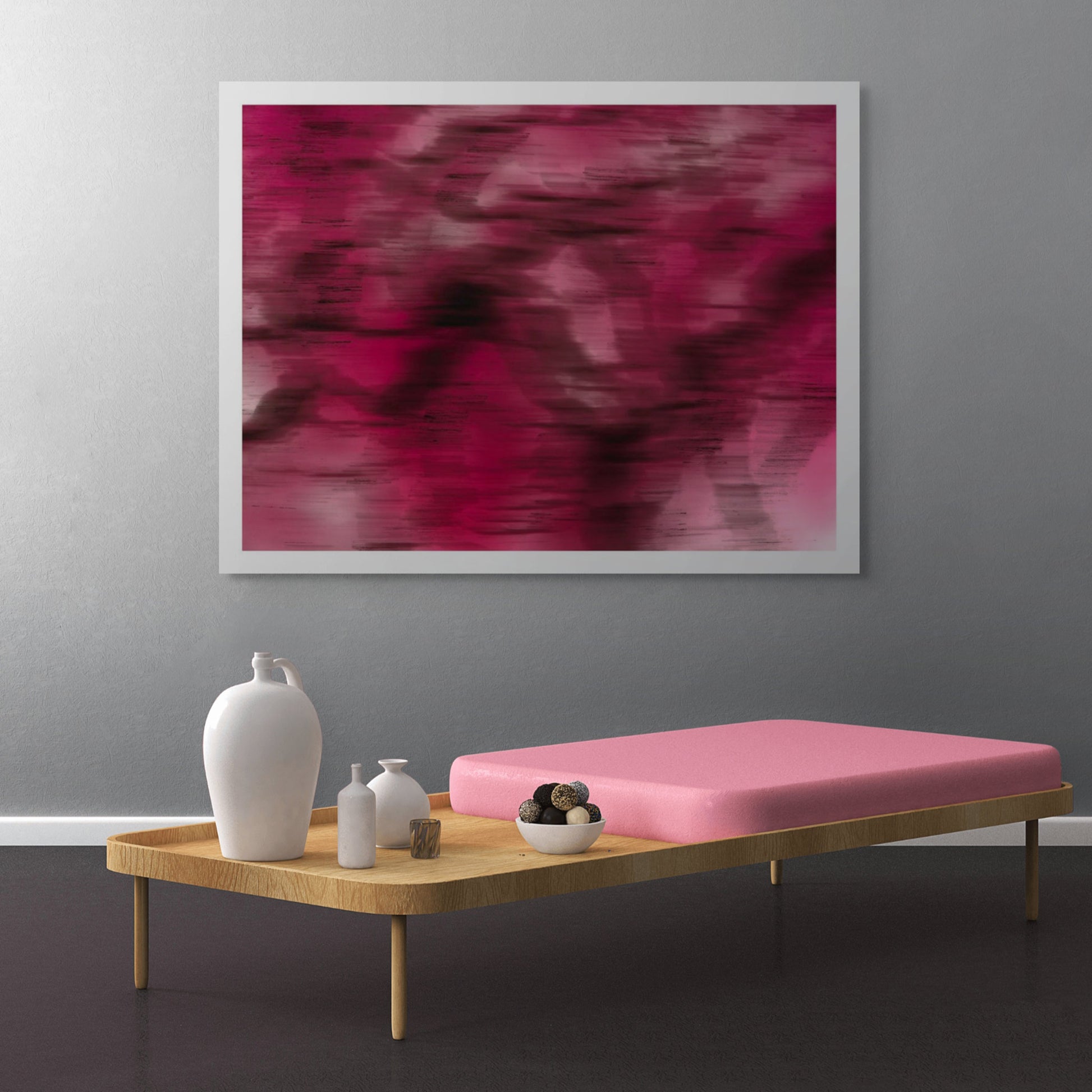 Xtra POP Set - Global Roaming - Oceanic Markings - Coral Sea - 140066v29 - Room View, Abstract artwork in deep crimson and berry tones with fluid brush textures and dark overlays. Limited edition.
