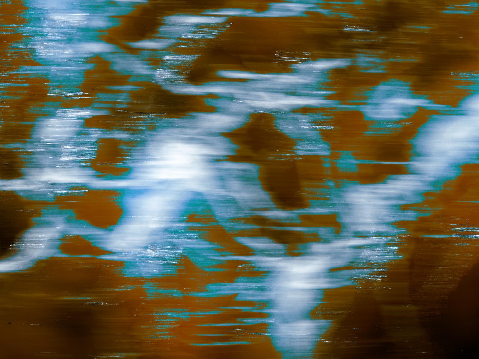 Xtra POP Set - Global Roaming - Oceanic Markings - Coral Sea - 140066v34 - 90x67.5cm, Abstract print with dynamic white and blue streaks over bronze tones. Evokes ocean surface motion. Limited edition.