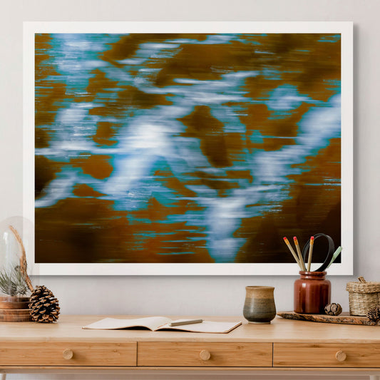 Xtra POP Set - Global Roaming - Oceanic Markings - Coral Sea - 140066v34 - Room View, Abstract print with dynamic white and blue streaks over bronze tones. Evokes ocean surface motion. Limited edition.