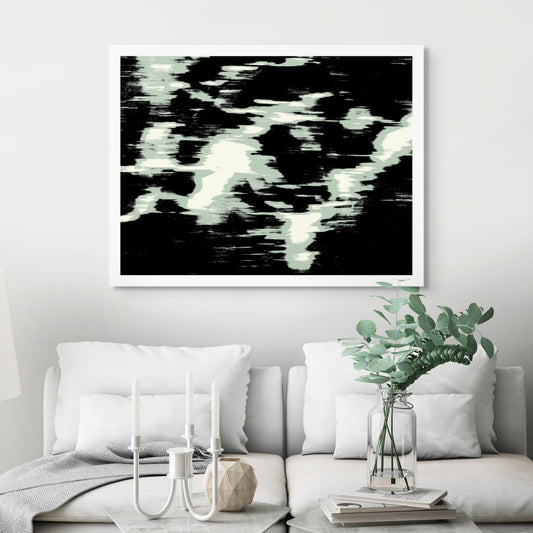 Xtra POP Set - Global Roaming - Oceanic Markings - Coral Sea - 140066v38 - Room View, Abstract artwork with pale green and black high-contrast patterns suggesting sonar or phosphorescent ocean trails. Limited edition.