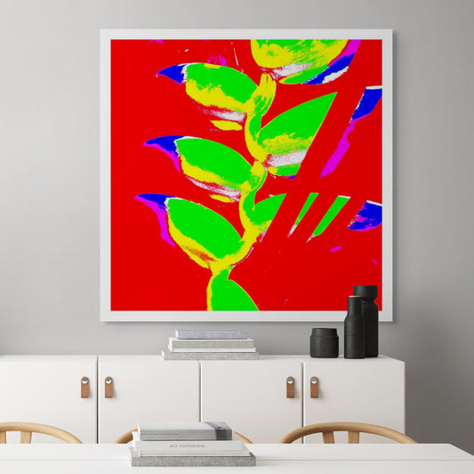 Xtra POP Set - Heliconia - 185791v26a - Room View, Graphic Pop Art rendering of heliconia with neon green leaves on a solid red background, blue and magenta highlights, and bold visual contrasts.