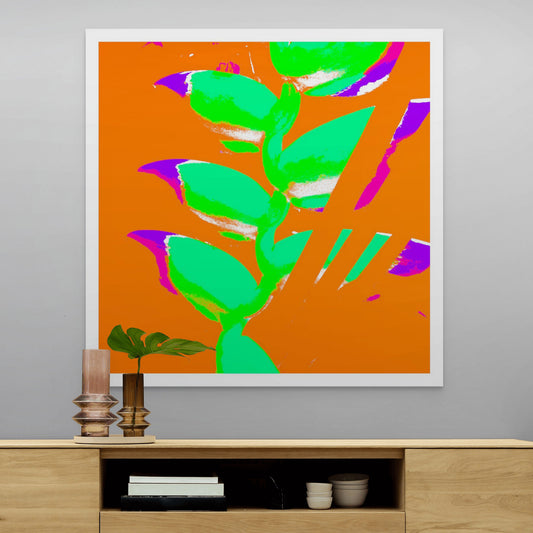 Xtra POP Set - Heliconia - 185791v27a - Room View, Stylised Pop Art image of heliconia in bright neon green on a flat orange background with accents of magenta and violet.
