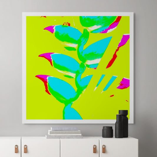 Xtra POP Set - Heliconia - 185791v29a - Room View, Cyan and magenta heliconia shapes on a neon yellow-green background, presented in a vivid Pop Art style.