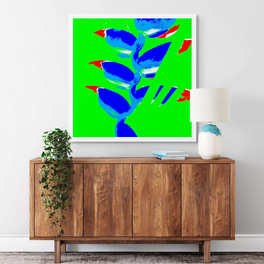 Xtra POP Set - Heliconia - 185791v33a - Room View, Bold blue and red heliconia blooms set against a vibrant green background in a vivid, high-contrast Pop Art style.
