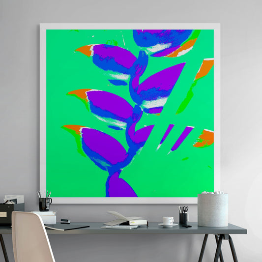 Xtra POP Set - Heliconia - 185791v34a - Room View, Vibrant purple heliconia blooms with accents of orange and blue, set against a vivid green background in a bold Pop Art treatment.
