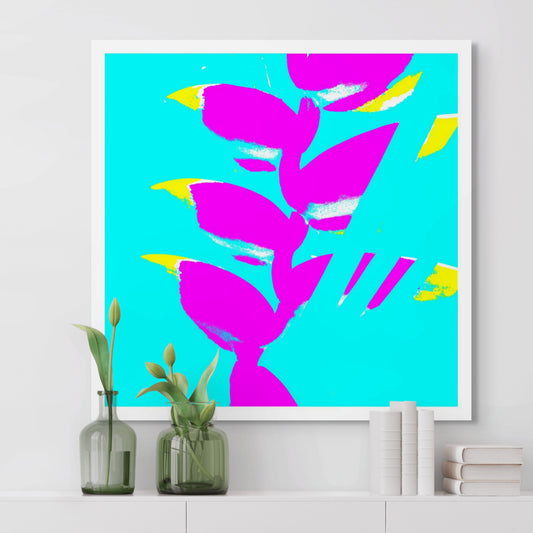 Xtra POP Set - Heliconia - 185791v45a - Room View, Bright magenta heliconia flowers with yellow accents pop against a turquoise background in a vibrant Pop Art composition.