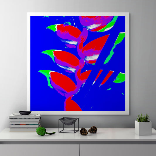 Xtra POP Set - Heliconia - 185791v46a - Room View, Bright red heliconia flowers with green tips against a saturated blue background, rendered in a bold and electrifying Pop Art style.