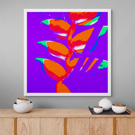 Xtra POP Set - Heliconia - 185791v49a - Room View, Bright orange heliconia flowers with green and blue tips on a vivid purple background, rendered in a psychedelic Pop Art palette.