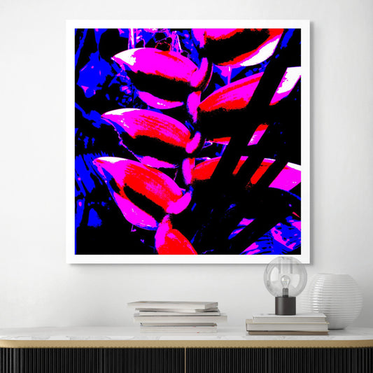 Xtra POP Set - Heliconia - 185791v4a - Room View, Bold pop art style photograph of a heliconia flower in intense red, pink, and blue tones on a dark background with graphic contrast and stylised edges.