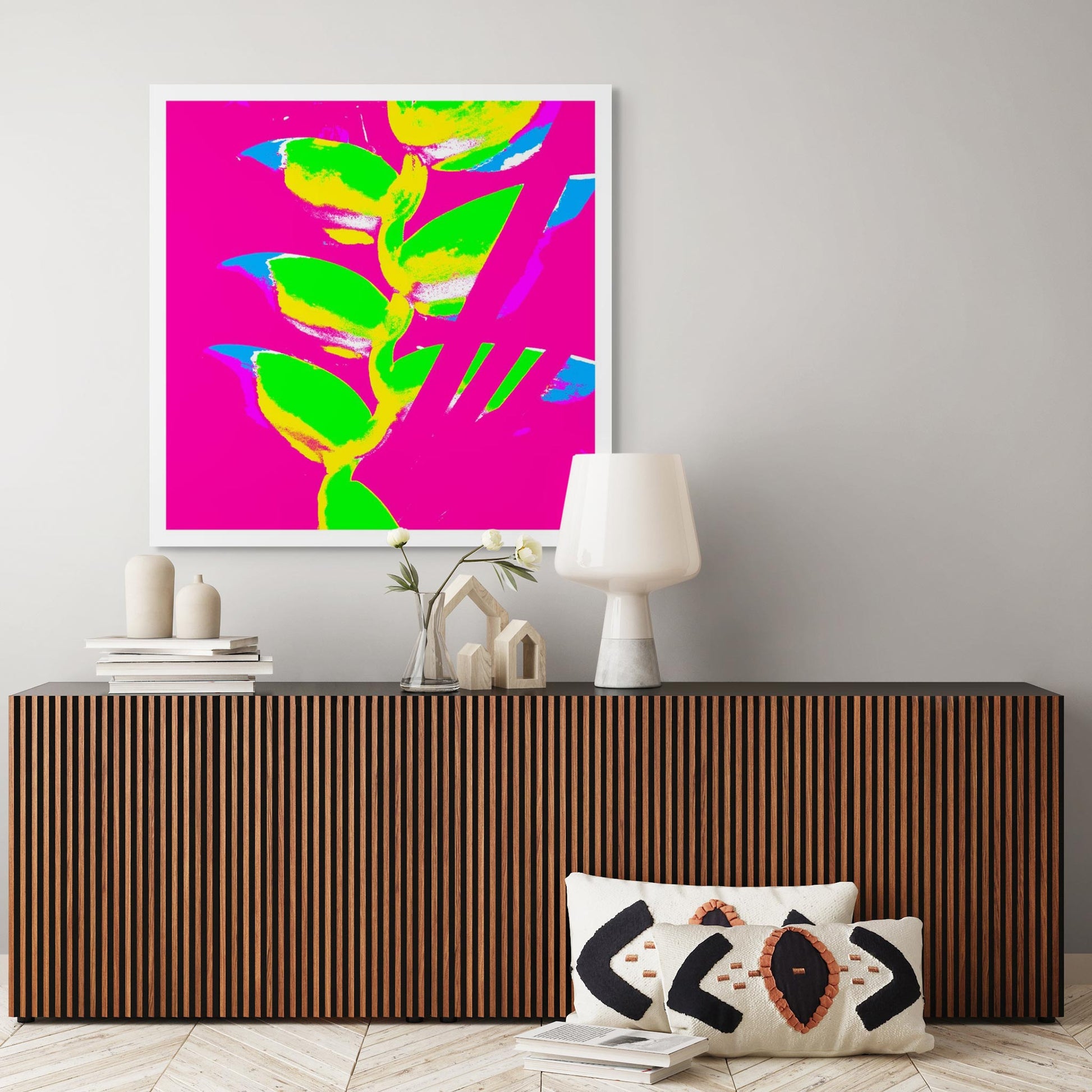 Xtra POP Set - Heliconia - 185791v53a - Room View, Bright lime green heliconia with yellow edges on a vibrant hot pink background, accented by bold blue and violet highlights in a Pop Art aesthetic.