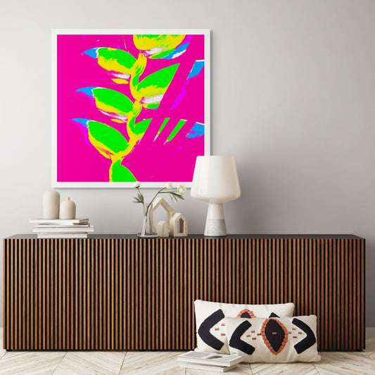 Xtra POP Set - Heliconia - 185791v53a - Room View, Bright lime green heliconia with yellow edges on a vibrant hot pink background, accented by bold blue and violet highlights in a Pop Art aesthetic.