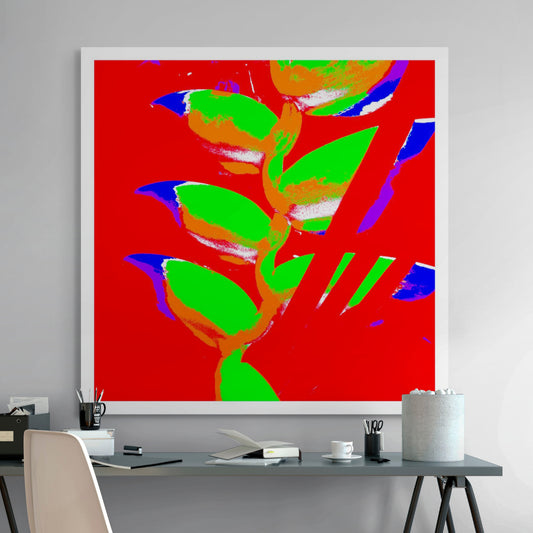 Xtra POP Set - Heliconia - 185791v54a - Room View, Bright green heliconia petals with orange shading against a vivid red background, accented with electric blue tips in a bold Pop Art style.