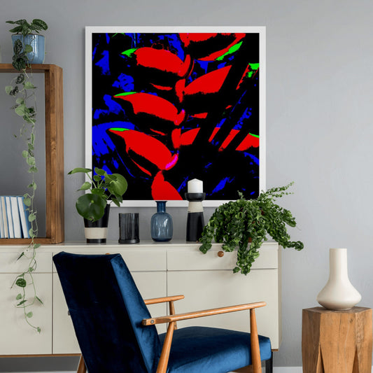 Xtra POP Set - Heliconia - 185791v8a - Room View, Pop Art style image of heliconia flower rendered in ultra-bright red, cobalt blue, and green with high contrast and bold graphic treatment.