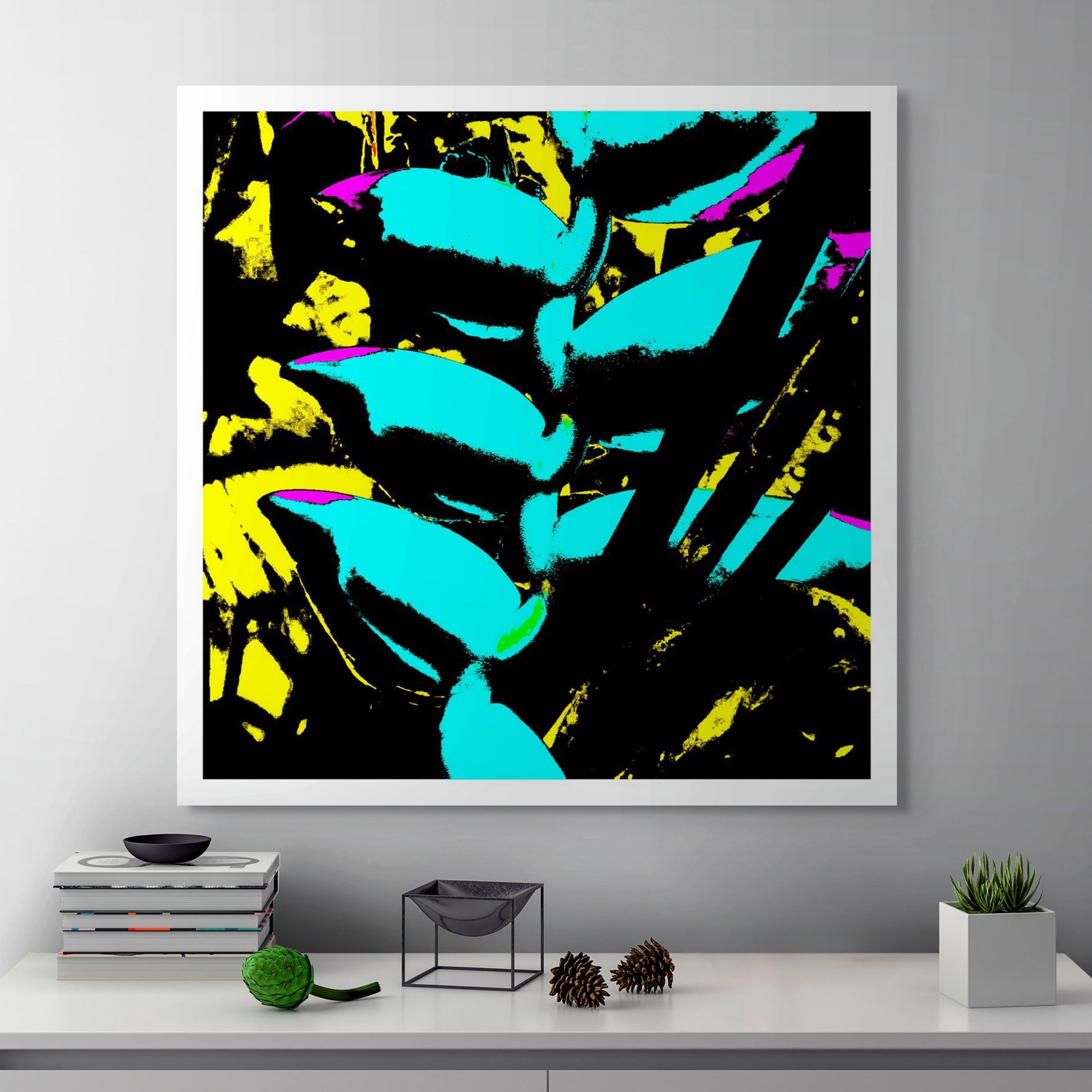 Xtra POP Set - Heliconia - 185791v9a - Room View, Vibrant Pop Art image of heliconia flower in bright turquoise, neon yellow, and magenta with high contrast black detailing and graphic styling.