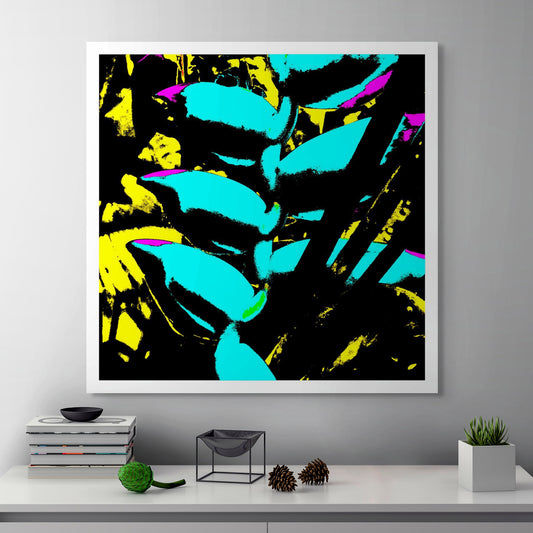 Xtra POP Set - Heliconia - 185791v9a - Room View, Vibrant Pop Art image of heliconia flower in bright turquoise, neon yellow, and magenta with high contrast black detailing and graphic styling.