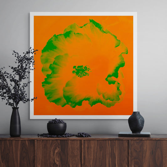 Hibiscus No.2 - 182076v201a - Room View, A bright orange and green hibiscus artwork in a bold Pop Art style with surreal, vibrant contrast and a contemporary edge.