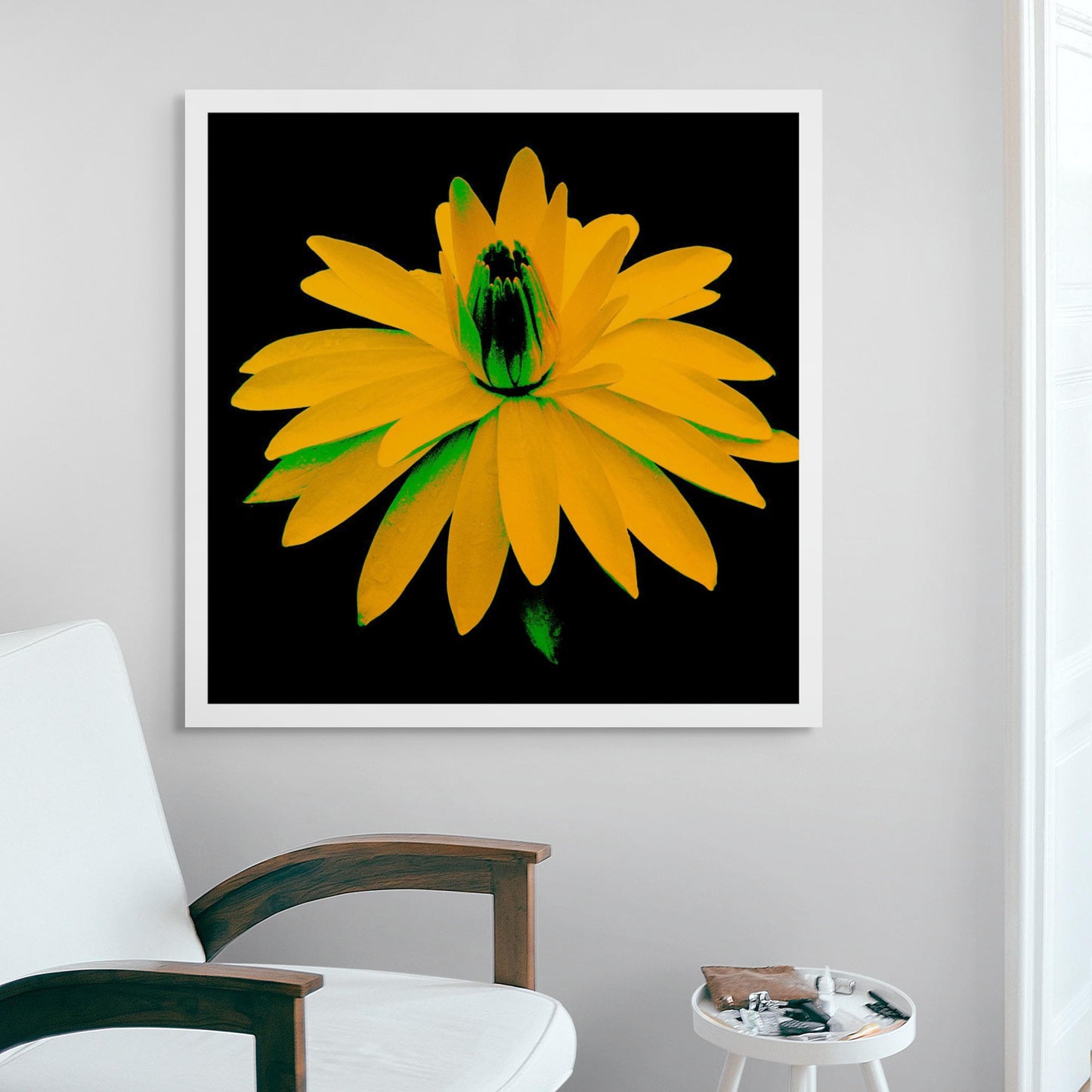 Lily in the Lake - 11002bv6 - Room View, Amber-yellow water lily with green shadowing, digitally enhanced in a striking Pop Art palette against a black background, highlighting bold colour contrast and sculptural depth.