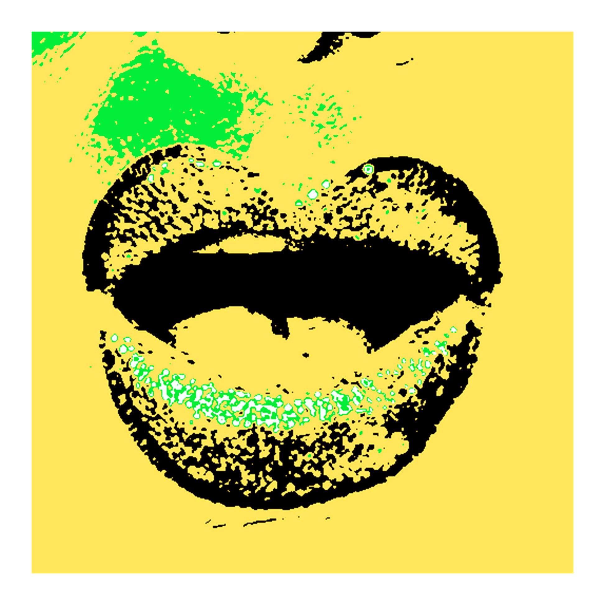 Xtra POP Set - Lips - Lipsync Glitter - 199593v601 - 74x74cm, Bold pop art image of lips with glittering green highlights on a bright yellow background. Graphic style, limited edition print.