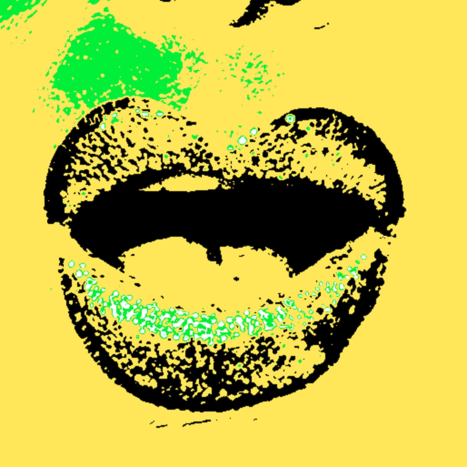 Xtra POP Set - Lips - Lipsync Glitter - 199593v601 - 60x60cm, Bold pop art image of lips with glittering green highlights on a bright yellow background. Graphic style, limited edition print.