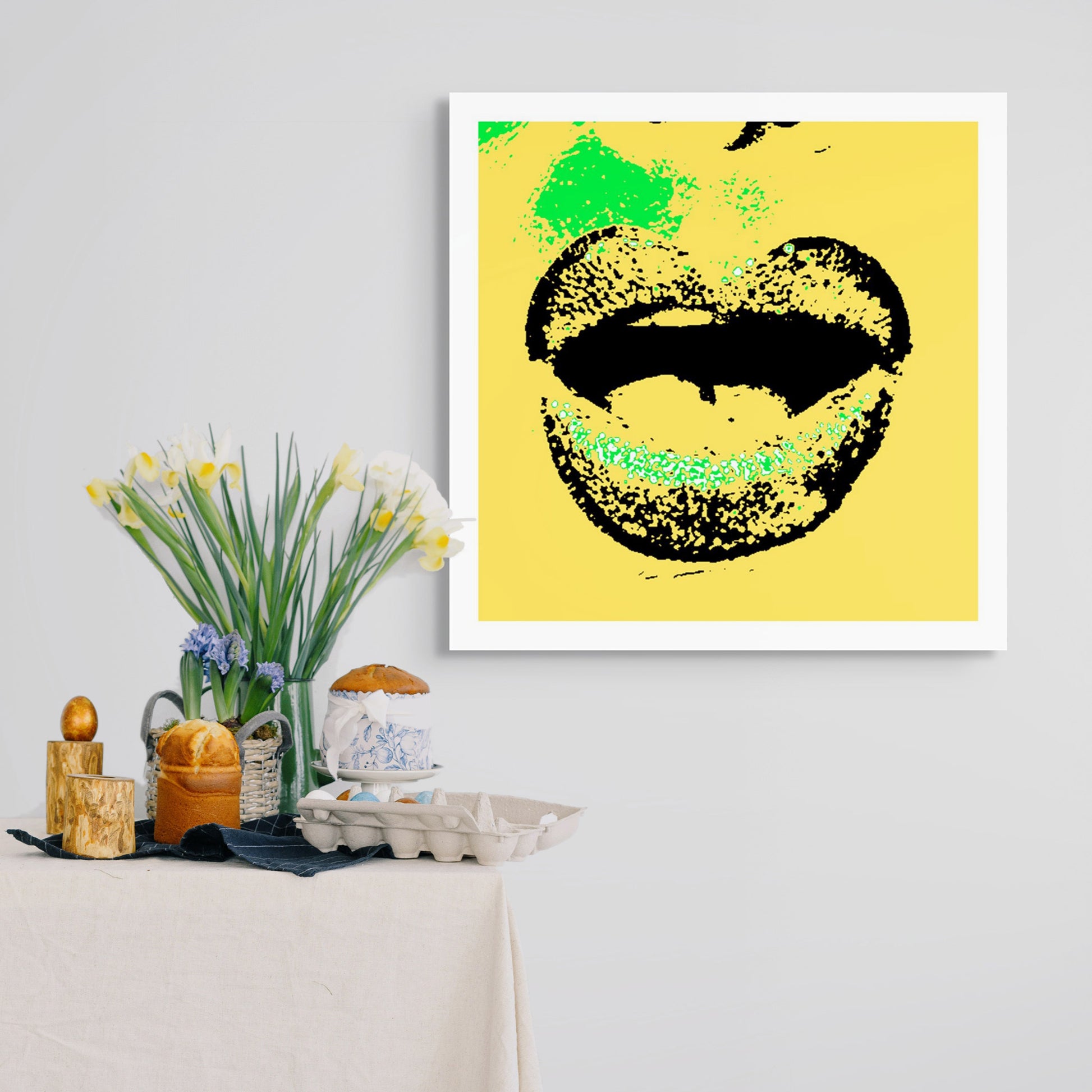 Xtra POP Set - Lips - Lipsync Glitter - 199593v601 - Room View, Bold pop art image of lips with glittering green highlights on a bright yellow background. Graphic style, limited edition print.