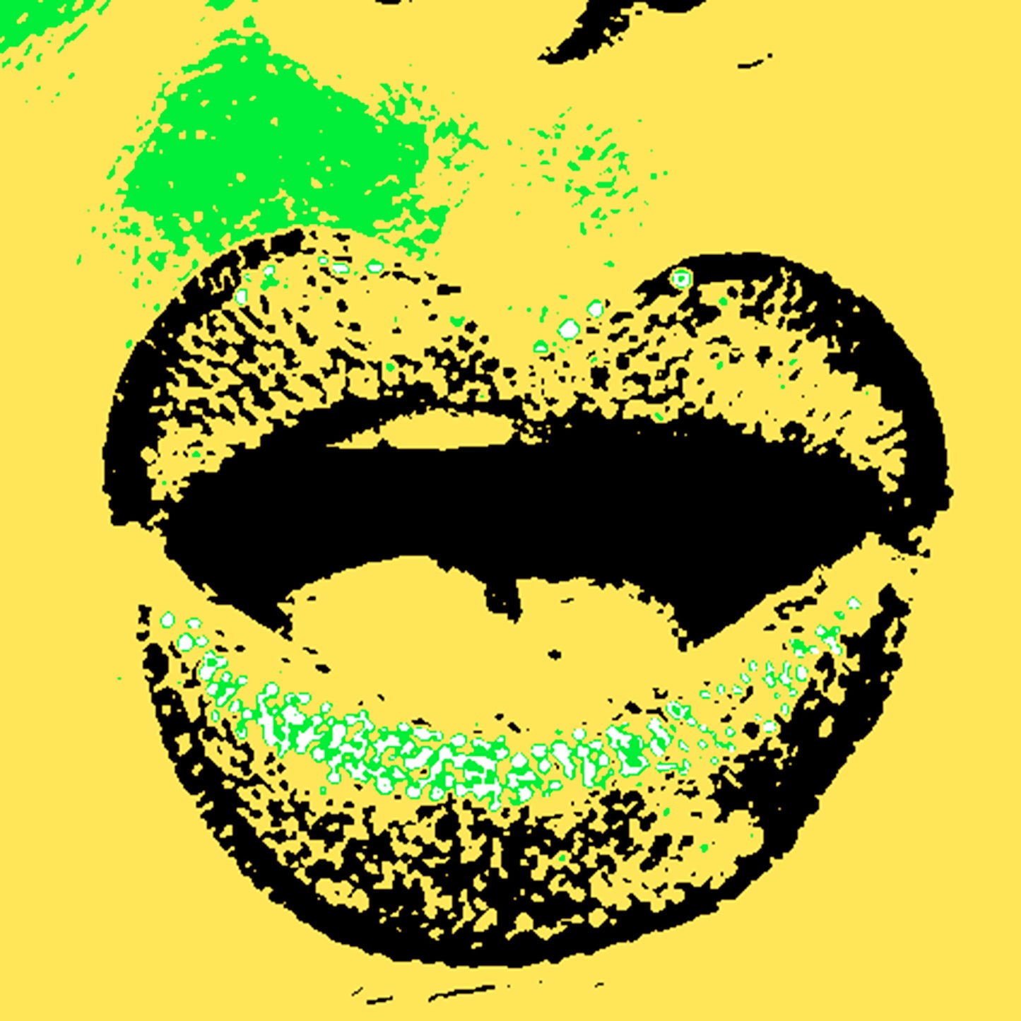 Xtra POP Set - Lips - Lipsync Glitter - 199593v601 - Close Detail View, Bold pop art image of lips with glittering green highlights on a bright yellow background. Graphic style, limited edition print.