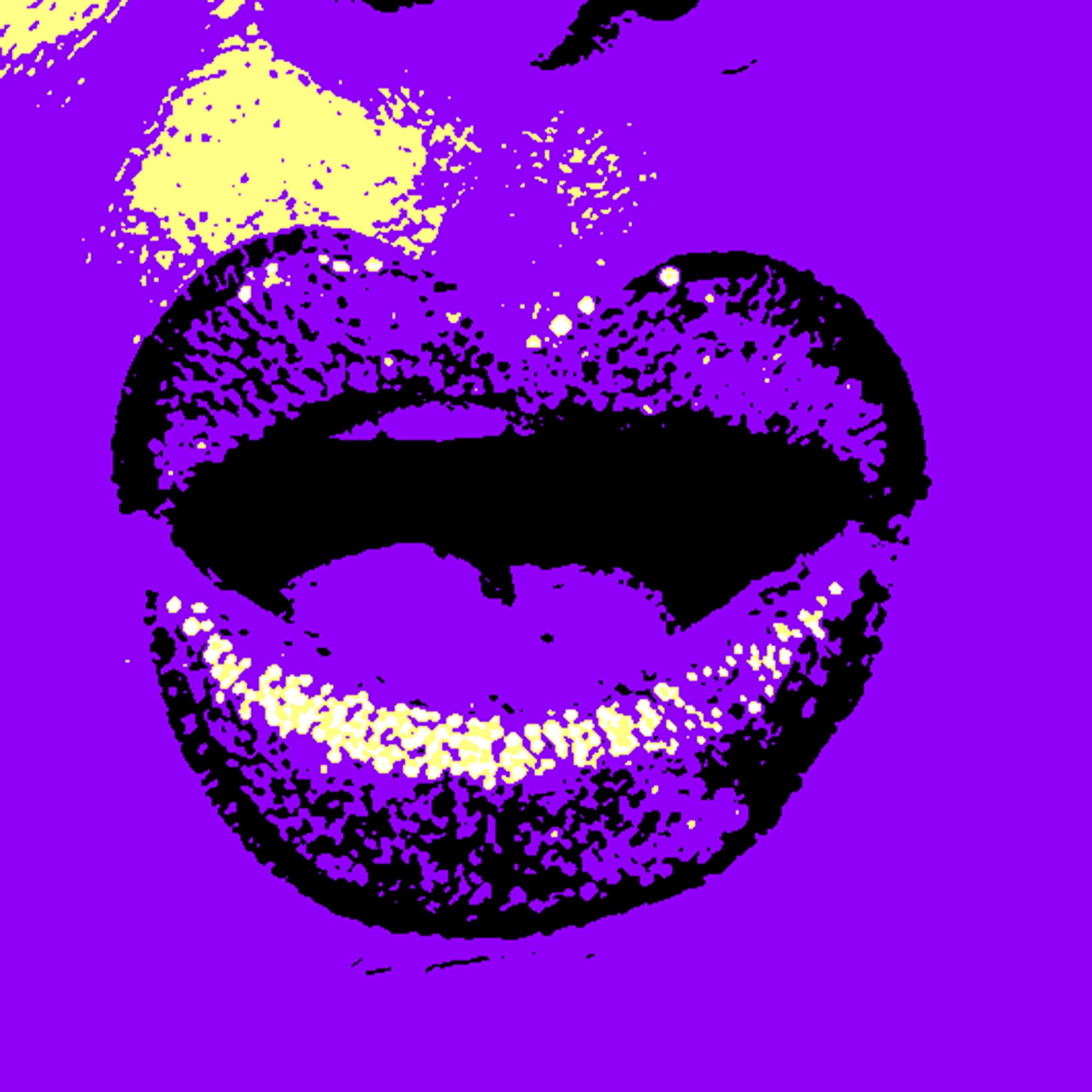 Xtra POP Set - Lips - Lipsync Glitter - 199593v901 - 60x60cm, Pop art lips in deep purple with glowing yellow glitter, bold black detailing, limited edition fine art print.
