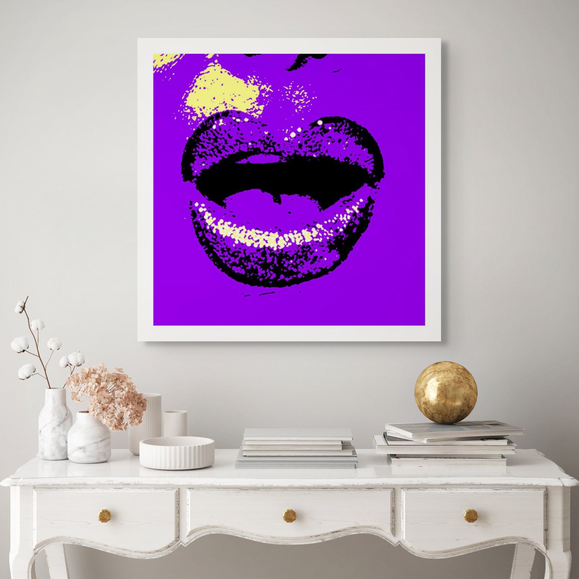 Xtra POP Set - Lips - Lipsync Glitter - 199593v901 - Room View, Pop art lips in deep purple with glowing yellow glitter, bold black detailing, limited edition fine art print.