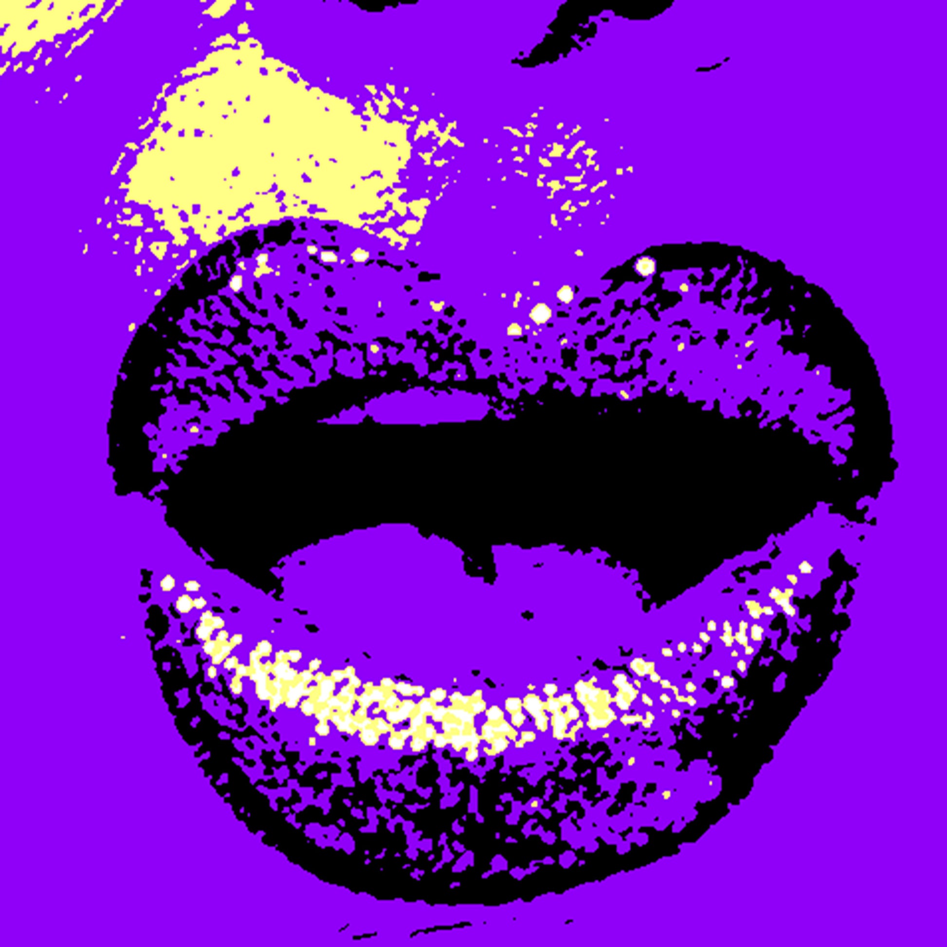 Xtra POP Set - Lips - Lipsync Glitter - 199593v901 - Close Detail View, Pop art lips in deep purple with glowing yellow glitter, bold black detailing, limited edition fine art print.