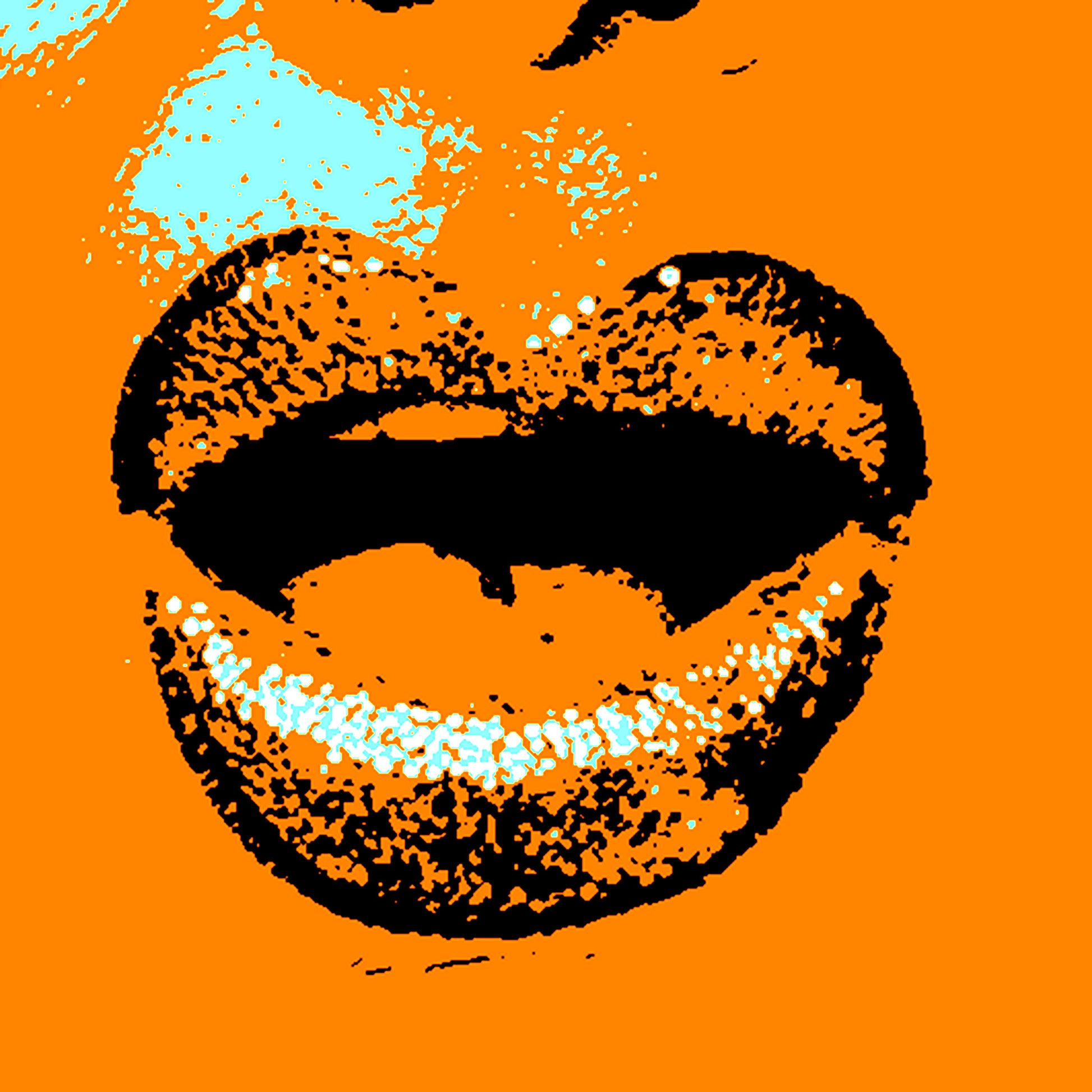 Xtra POP Set - Lips - Lipsync Glitter - 199593v909 - 60x60cm, Orange pop art lips with aqua glitter and bold black contour, limited edition fine art print.