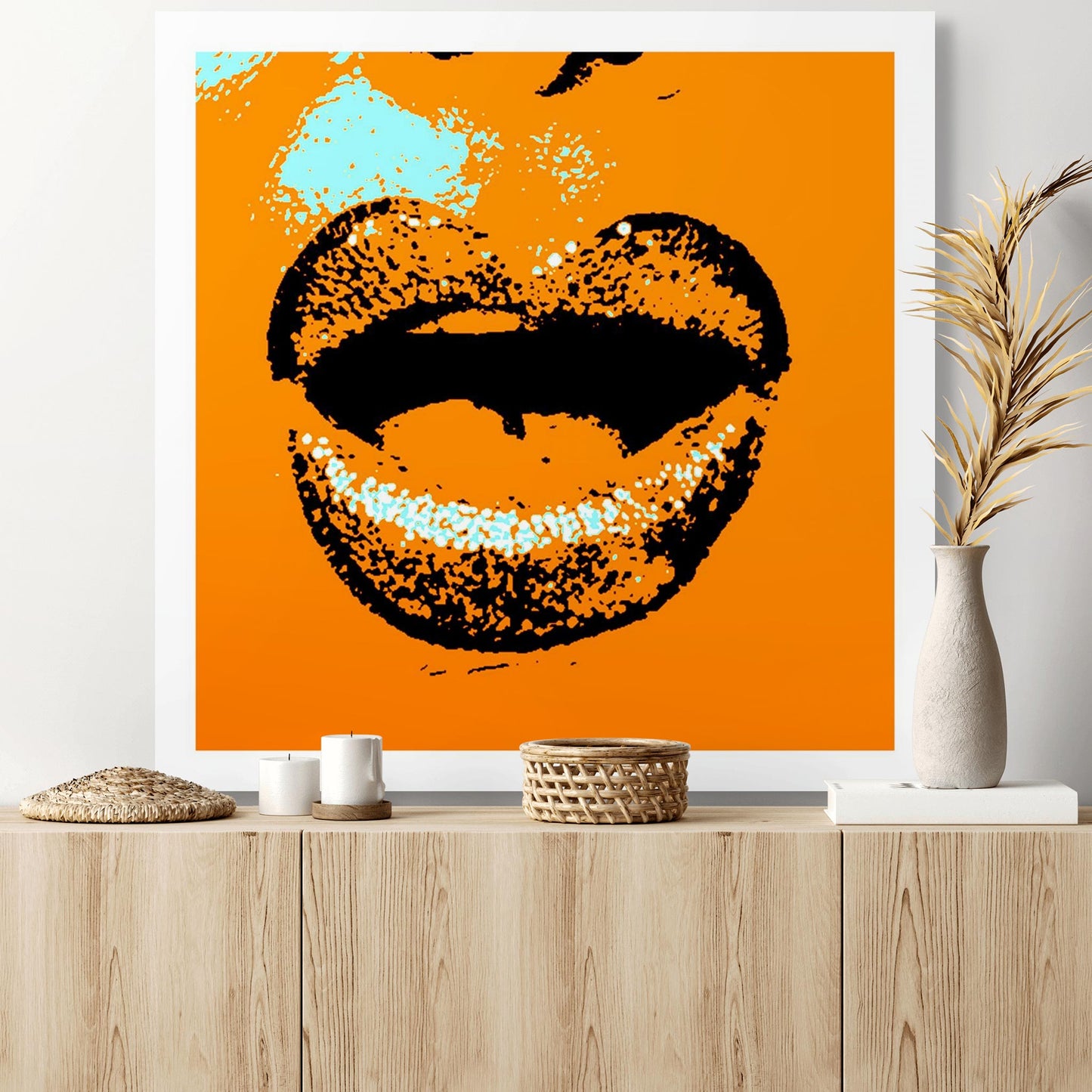 Xtra POP Set - Lips - Lipsync Glitter - 199593v909 - Room View, Orange pop art lips with aqua glitter and bold black contour, limited edition fine art print.