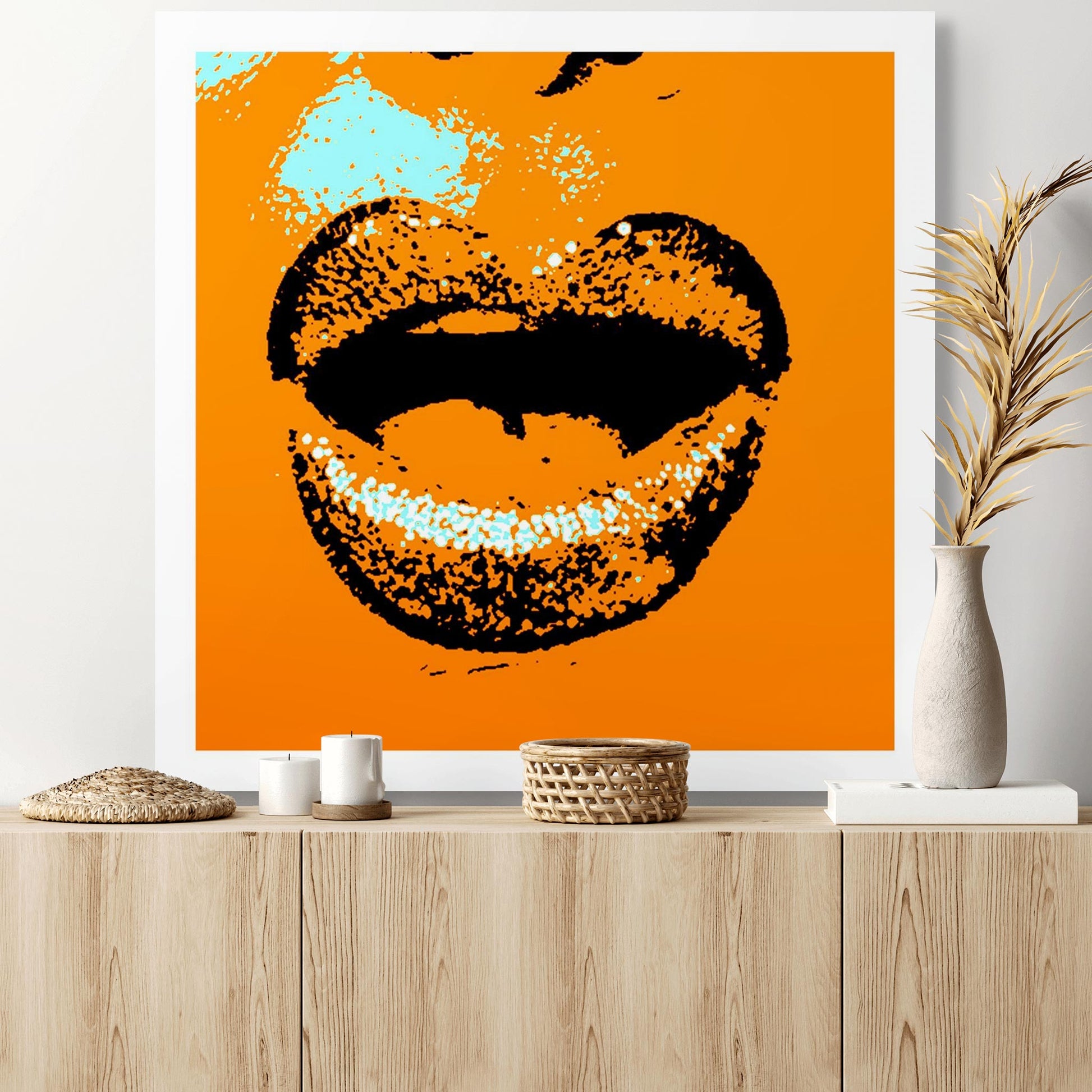 Xtra POP Set - Lips - Lipsync Glitter - 199593v909 - Room View, Orange pop art lips with aqua glitter and bold black contour, limited edition fine art print.