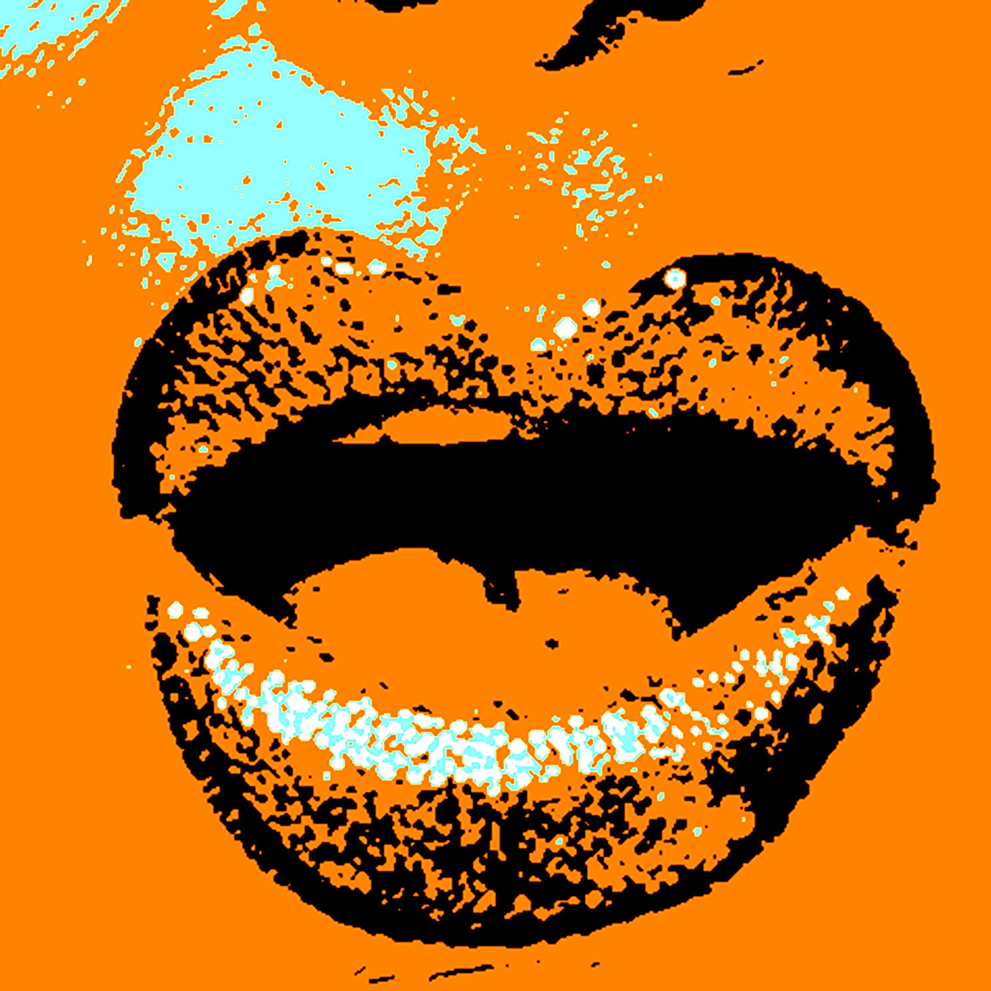 Xtra POP Set - Lips - Lipsync Glitter - 199593v909 - Close Detail View, Orange pop art lips with aqua glitter and bold black contour, limited edition fine art print.