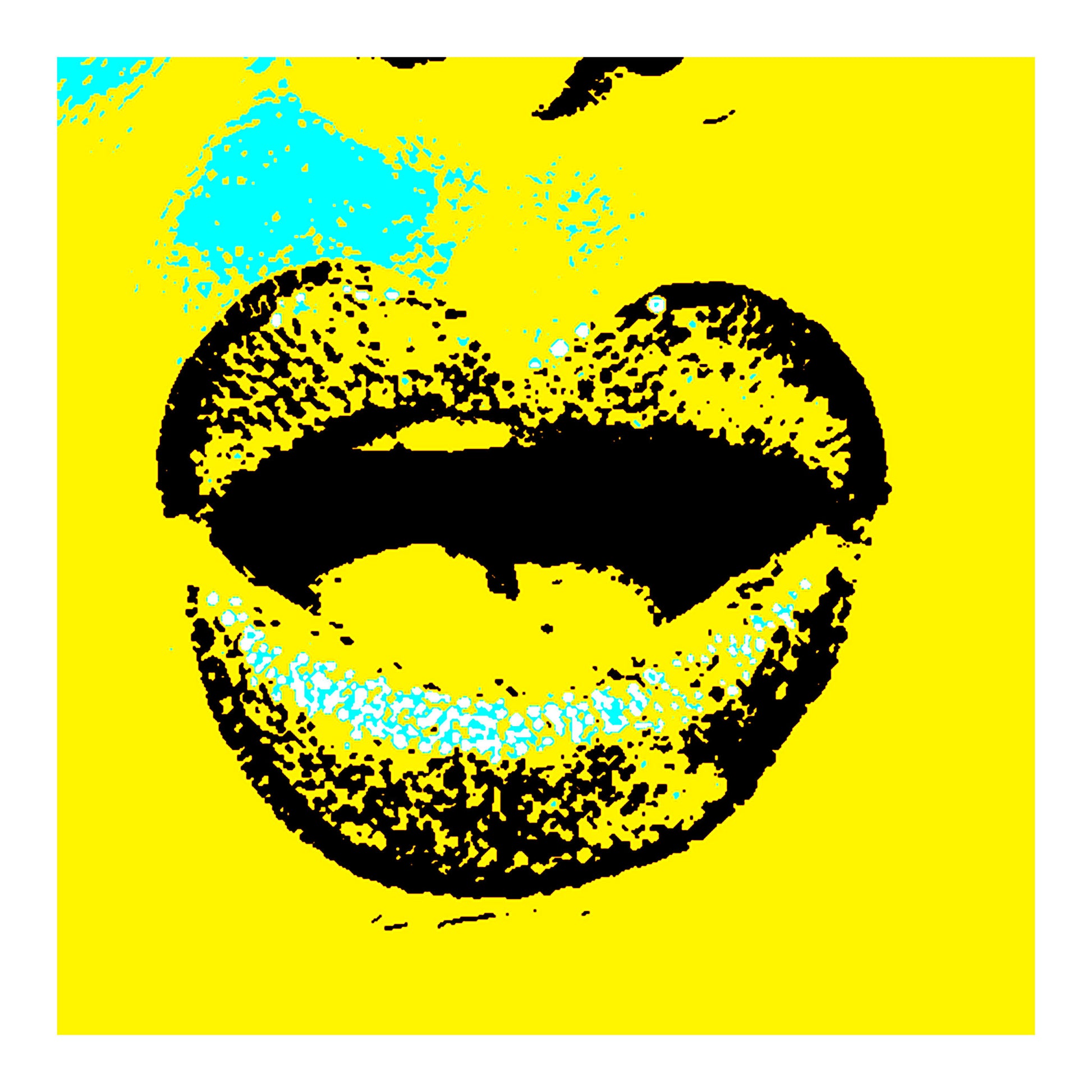 Xtra POP Set - Lips - Lipsync Glitter - 199593v911 - 74x74cm, Yellow background with black lips and aqua glitter, limited edition fine art print.