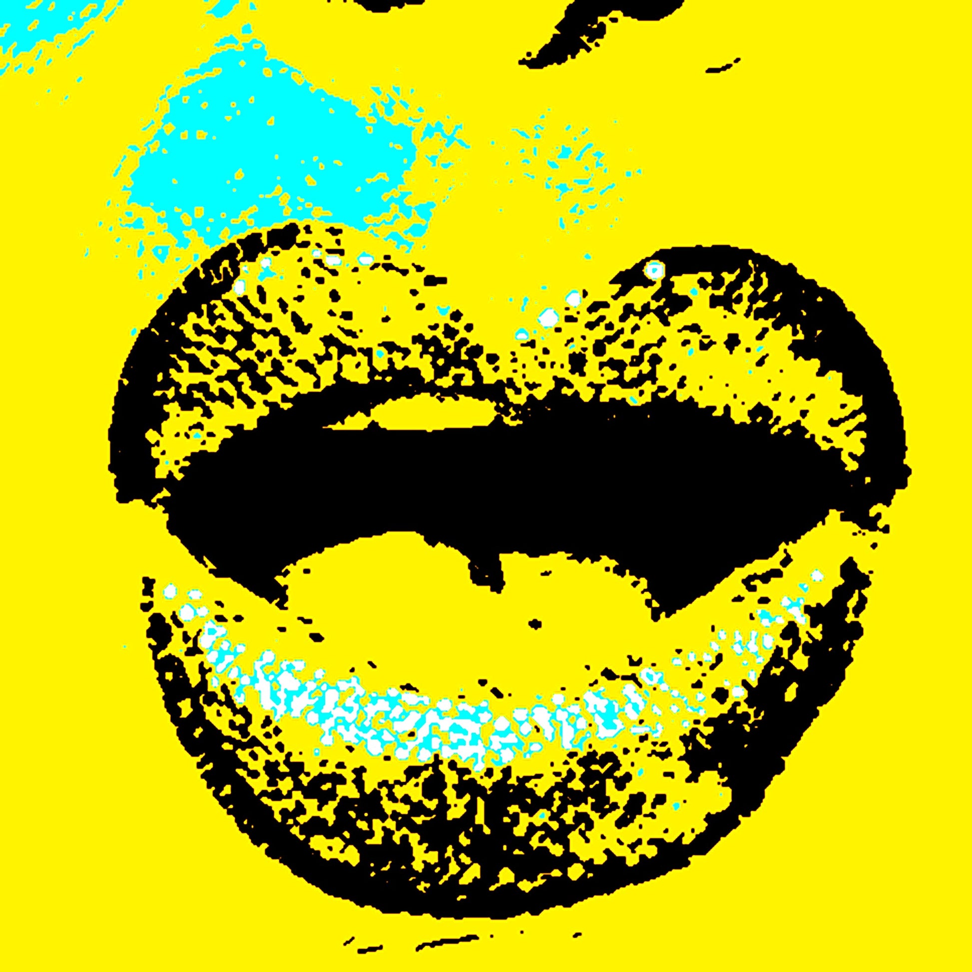 Xtra POP Set - Lips - Lipsync Glitter - 199593v911 - Close Detail View, Yellow background with black lips and aqua glitter, limited edition fine art print.