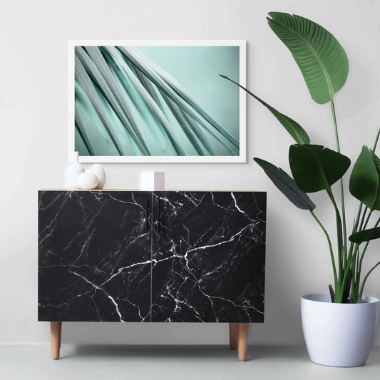 Xtra POP Set - Palm Frond - 190151av23 - Room View, Palm frond artwork in soft jade and seafoam tones, featuring fluid diagonal lines and a serene, minimal composition.